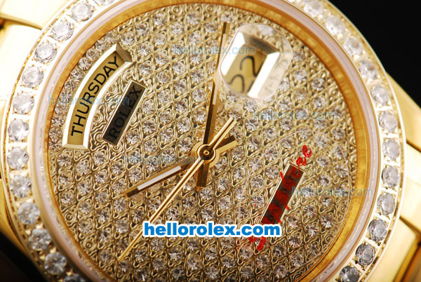 Rolex Day Date Oyster Perpetual Automatic Movement Full Rose Gold Case with Diamond Bezel and Diamond Dial-SS Strap - Click Image to Close